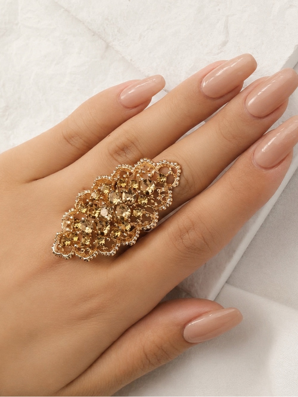 Anthropologie  Gold Crystal Lace Long Ring